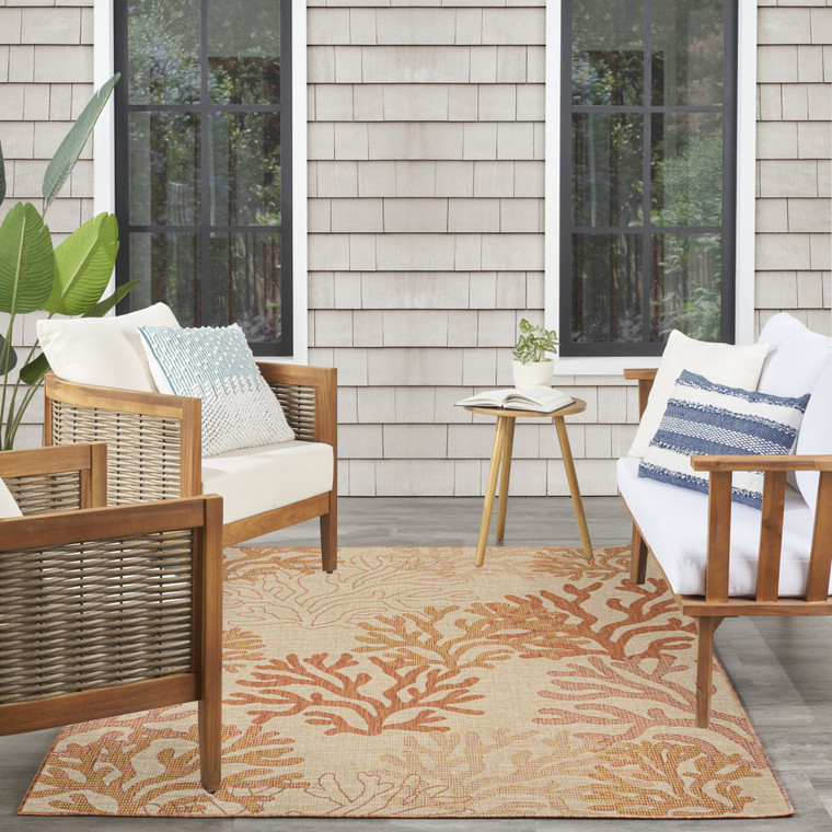 5' X 7' Coral And Beige Nautical Indoor Outdoor Area Rug