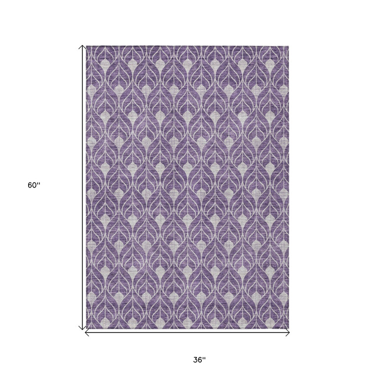 3' X 5' Purple And Ivory Geometric Washable Indoor Outdoor Area Rug Transitional Style - Purple, Ivory Color