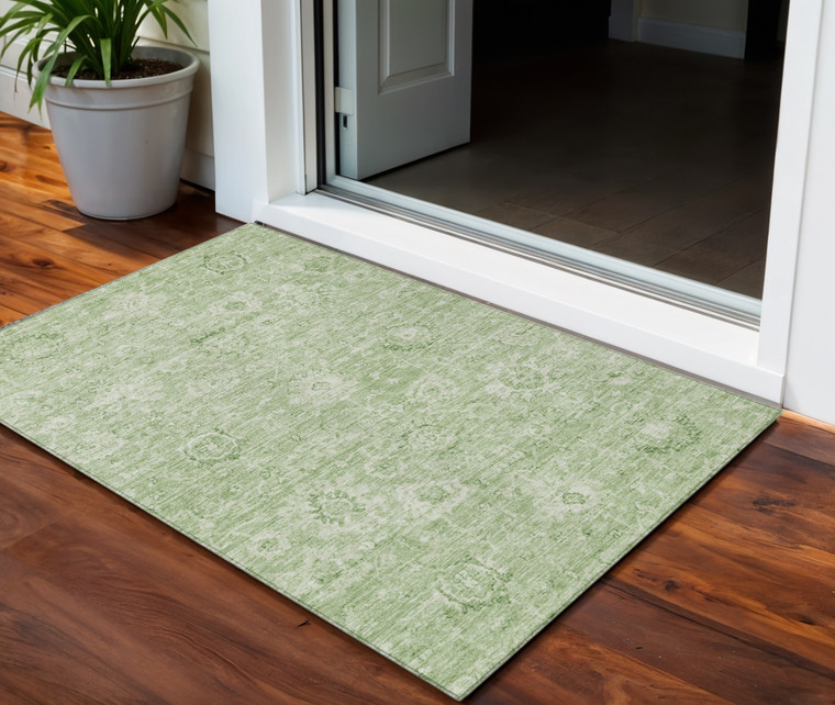 3' X 5' Artichoke Green And Ivory Damask Washable Indoor Outdoor Area Rug - Artichoke Green, Ivory