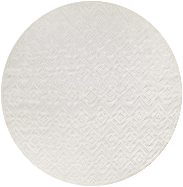 10' Ivory And White Round Geometric Indoor Outdoor Area Rug