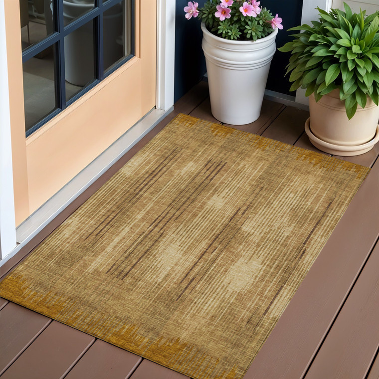 3' X 5' Copper And Brown Striped Washable Indoor Outdoor Area Rug
