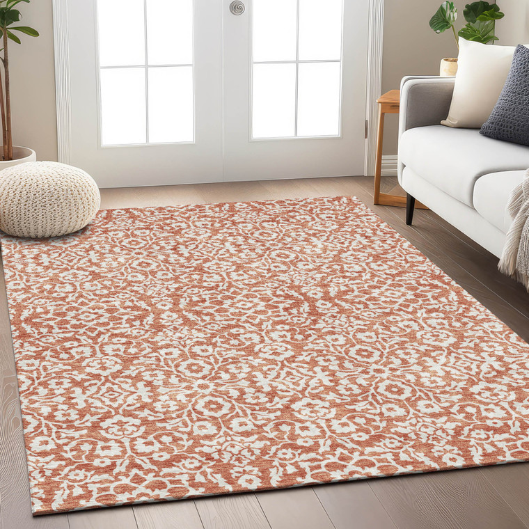 3' X 5' Coral And Ivory Damask Washable Indoor Outdoor Area Rug