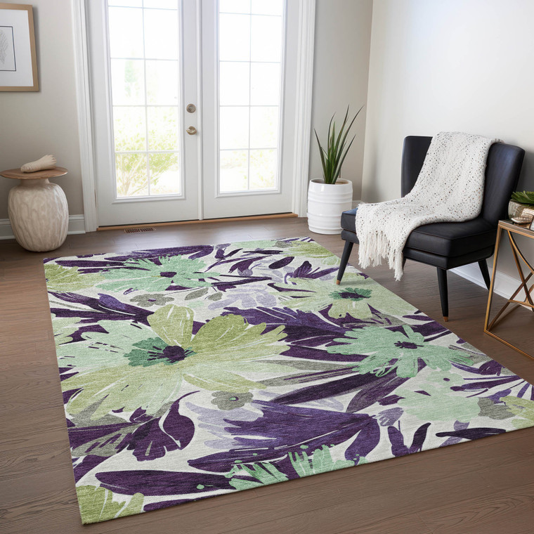 3' X 5' Purple And Lavender Floral Washable Indoor Outdoor Area Rug - Purple, Lavender