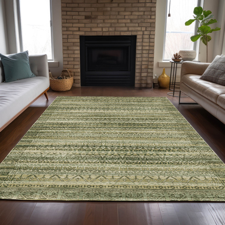 5' X 8' Green And Beige Striped Washable Indoor Outdoor Area Rug