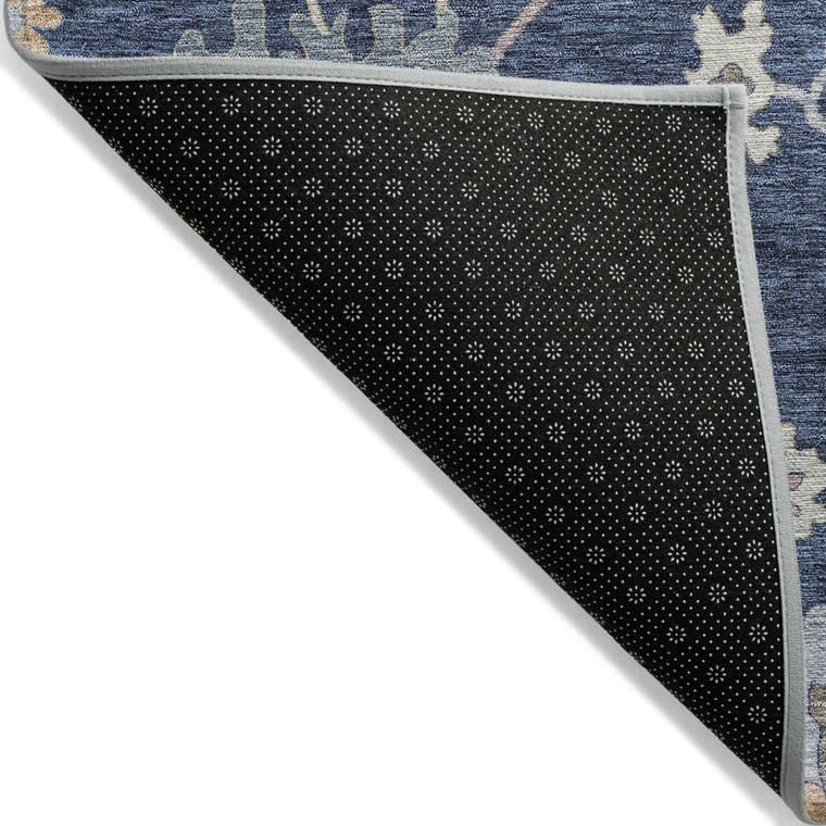 5' X 8' Navy Blue Beige And Gray Floral Washable Indoor Outdoor Area Rug