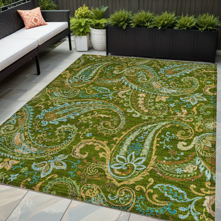 5' X 8' Green Paisley Washable Non Skid Indoor Outdoor Area Rug