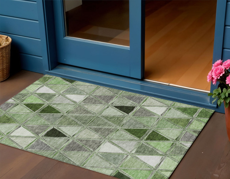 3' X 5' Green And Fern Green Geometric Washable Indoor Outdoor Area Rug - Green, Fern Green