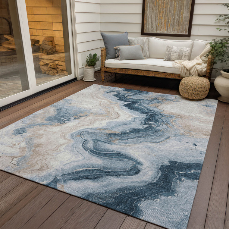 3' X 5' Beige And Navy Blue Abstract Washable Indoor Outdoor Area Rug