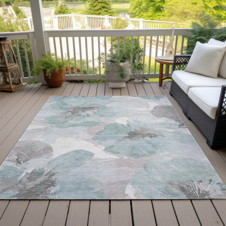 3' X 5' Blue And Sage Floral Washable Indoor Outdoor Area Rug