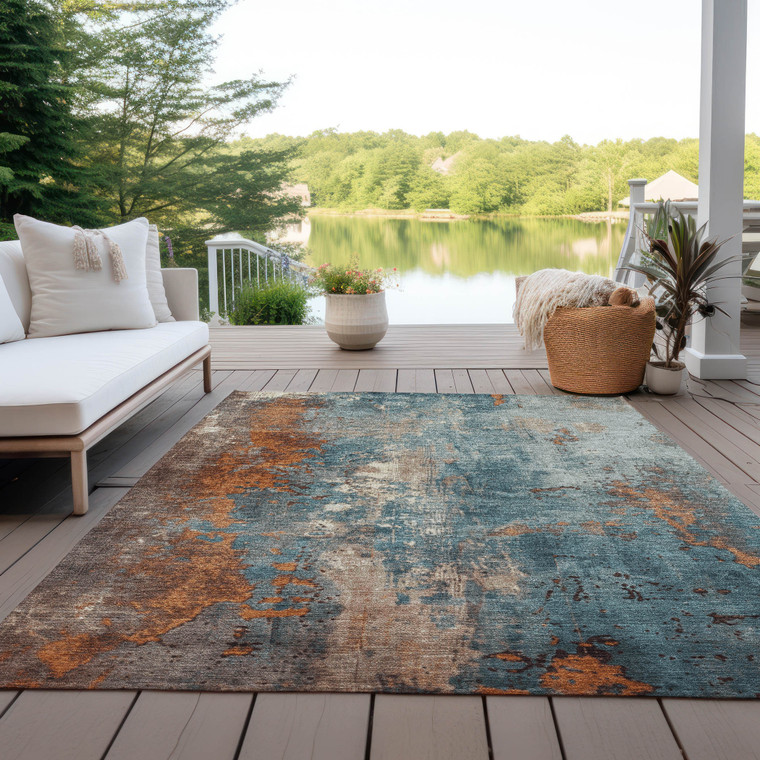 5' X 8' Teal Blue And Copper Abstract Washable Indoor Outdoor Area Rug - 880016680836