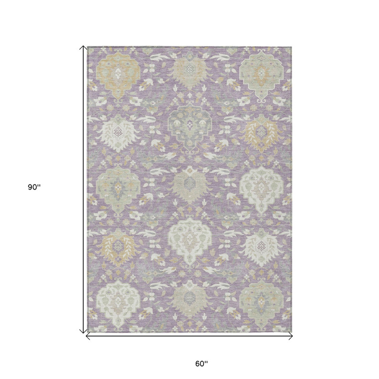 5' X 8' Lavender Gold And Green Damask Washable Indoor Outdoor Area Rug