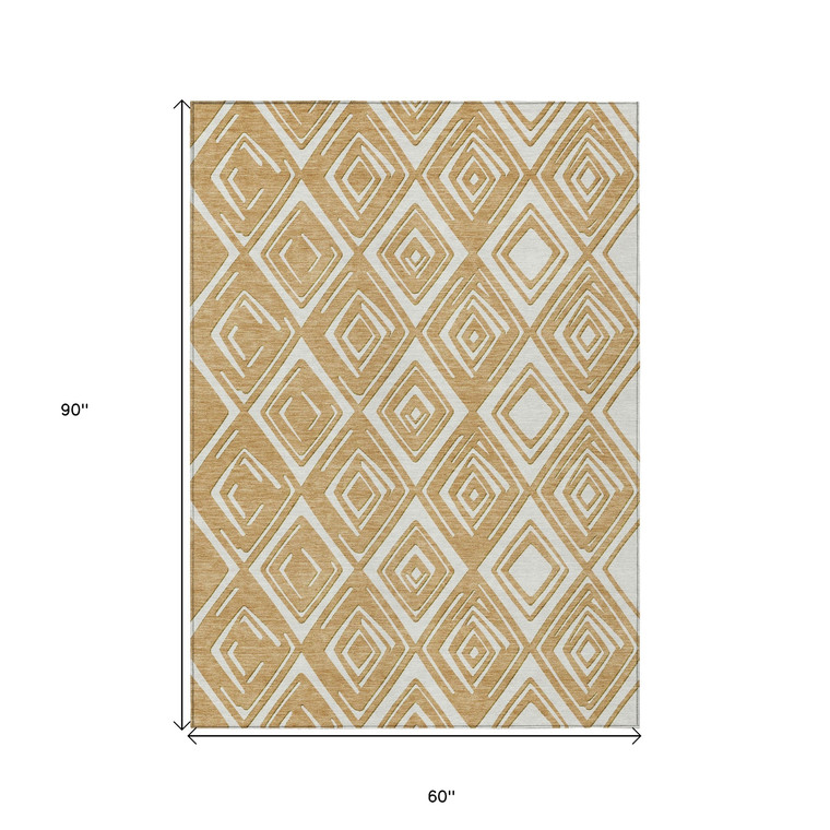 5' X 8' Gold And Ivory Geometric Washable Indoor Outdoor Area Rug - 608219037109