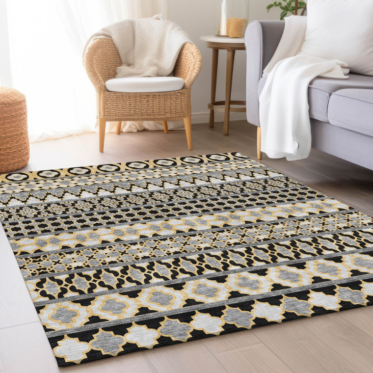 5' X 8' Charcoal Gray And Gold Quatrefoil Washable Indoor Outdoor Area Rug