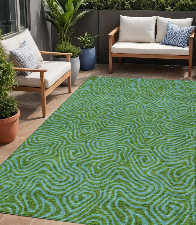 5' X 8' Green And Blue Abstract Washable Indoor Outdoor Area Rug