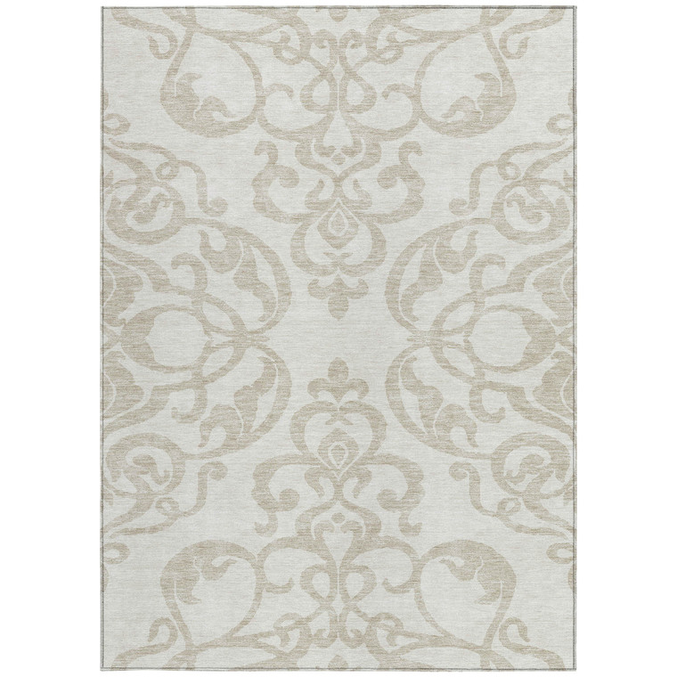 5' X 8' Ivory And Beige Damask Washable Indoor Outdoor Area Rug - Ivory, Beige