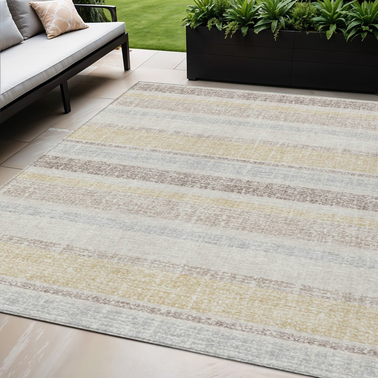 5' X 8' Ivory And Beige Striped Washable Indoor Outdoor Area Rug - 880016393323