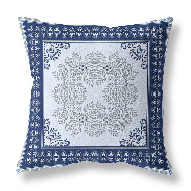 20"x20" Light Blue Navy Blue Blown Seam Broadcloth Floral Throw Pillow