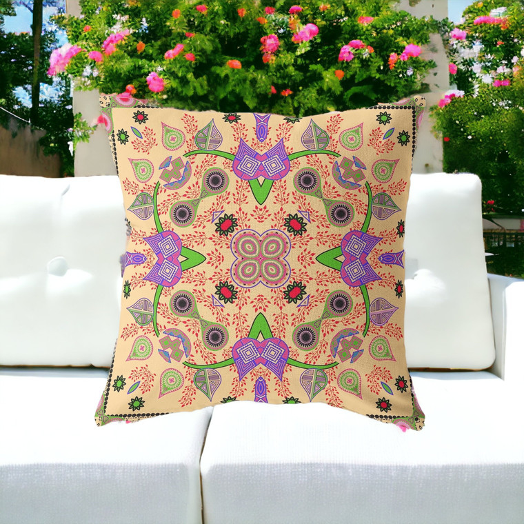 26" X 26" Beige and Green Blown Seam Paisley Indoor Outdoor Throw Pillow - 606114804437