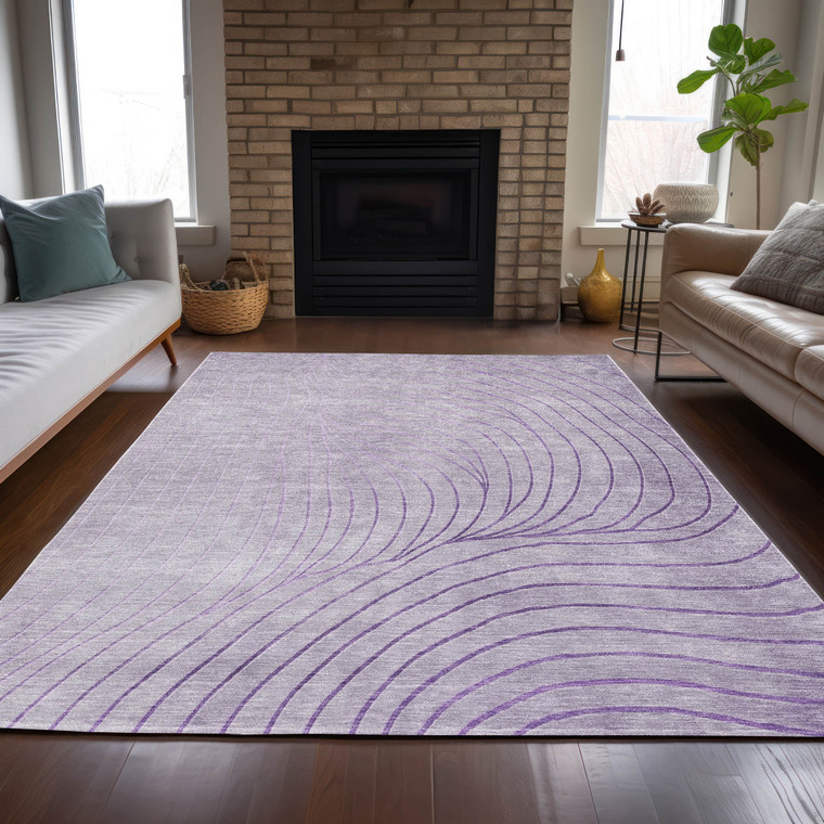 3' X 5' Lavender And Silver Abstract Washable Indoor Outdoor Area Rug