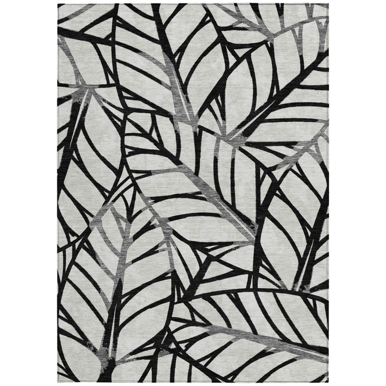 5' X 8' Black Gray And Beige Floral Washable Indoor Outdoor Area Rug