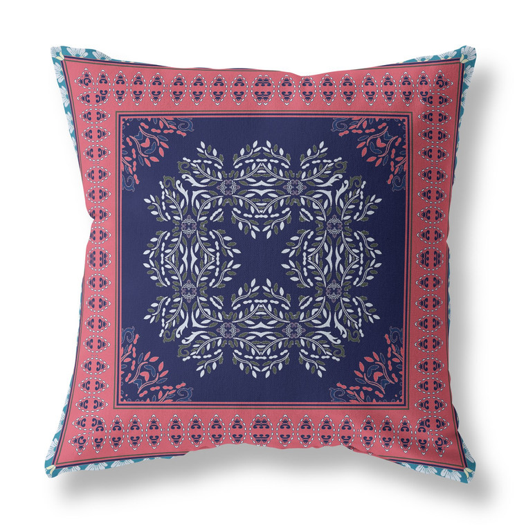 26" X 26" Indigo And Pink Blown Seam Damask Indoor Outdoor Throw Pillow