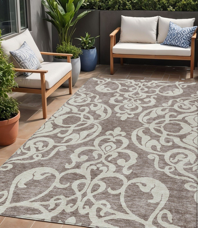 5' X 8' Taupe And Ivory Damask Washable Indoor Outdoor Area Rug
