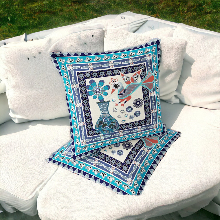 Set of Two 16" X 16" Blue and Off White Peacock Blown Seam Floral Indoor Outdoor Throw Pillow Polyester Modern Style