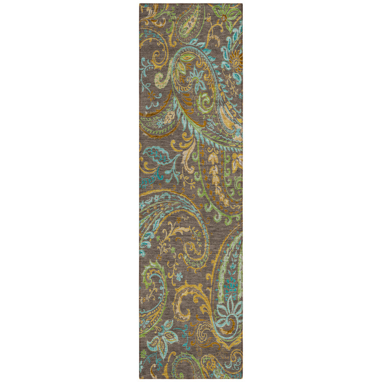 2' X 8' Brown Aqua and Gold Paisley Washable Non Skid Indoor Outdoor Area Rug