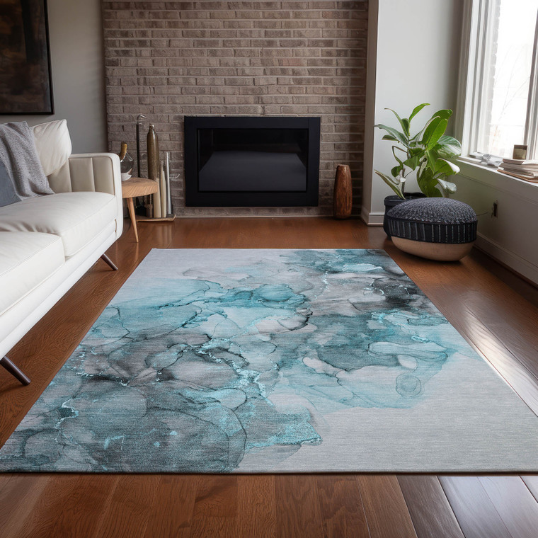 3' X 5' Teal Abstract Washable Non Skid Indoor Outdoor Area Rug - 606114955276