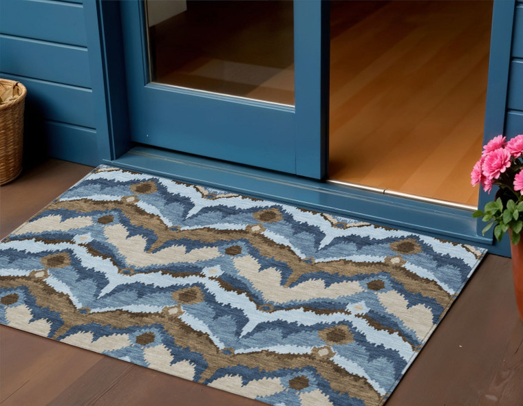 3' X 5' Denim Blue And Sky Blue Ikat Washable Indoor Outdoor Area Rug