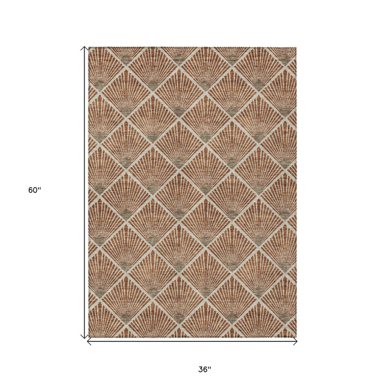 3' X 5' Brown Copper And Beige Geometric Washable Indoor Outdoor Area Rug