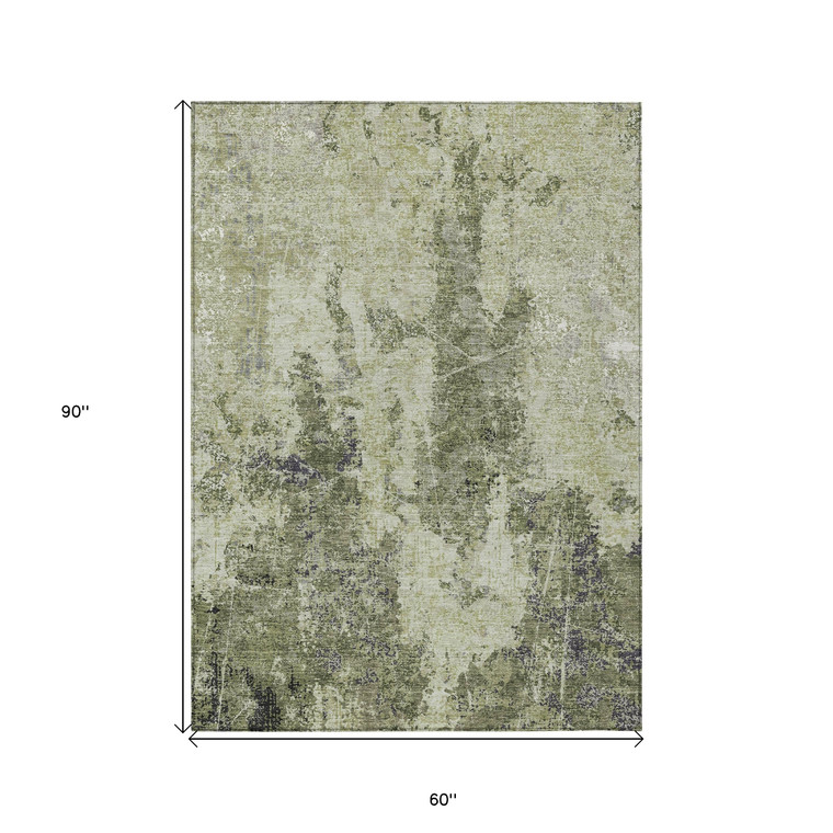 5' X 8' Artichoke Green And Fern Green Abstract Washable Indoor Outdoor Area Rug Transitional Style - Artichoke Green, Fern Green Color