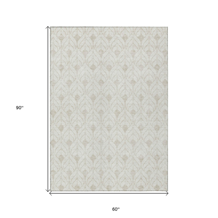 5' X 8' Ivory And Beige Geometric Washable Indoor Outdoor Area Rug Transitional Style - Ivory, Beige Color
