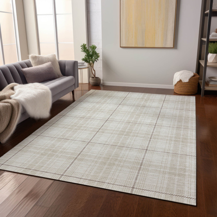 5' X 8' Ivory Beige And Brown Plaid Washable Indoor Outdoor Area Rug