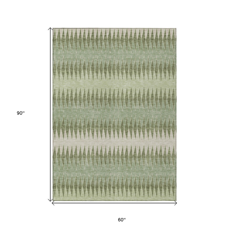 5' X 8' Artichoke Green And Light Green Striped Washable Indoor Outdoor Area Rug