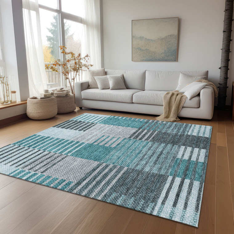 3' X 5' Teal Blue Aqua And Gray Striped Washable Indoor Outdoor Area Rug - Teal Blue, Aqua, Gray
