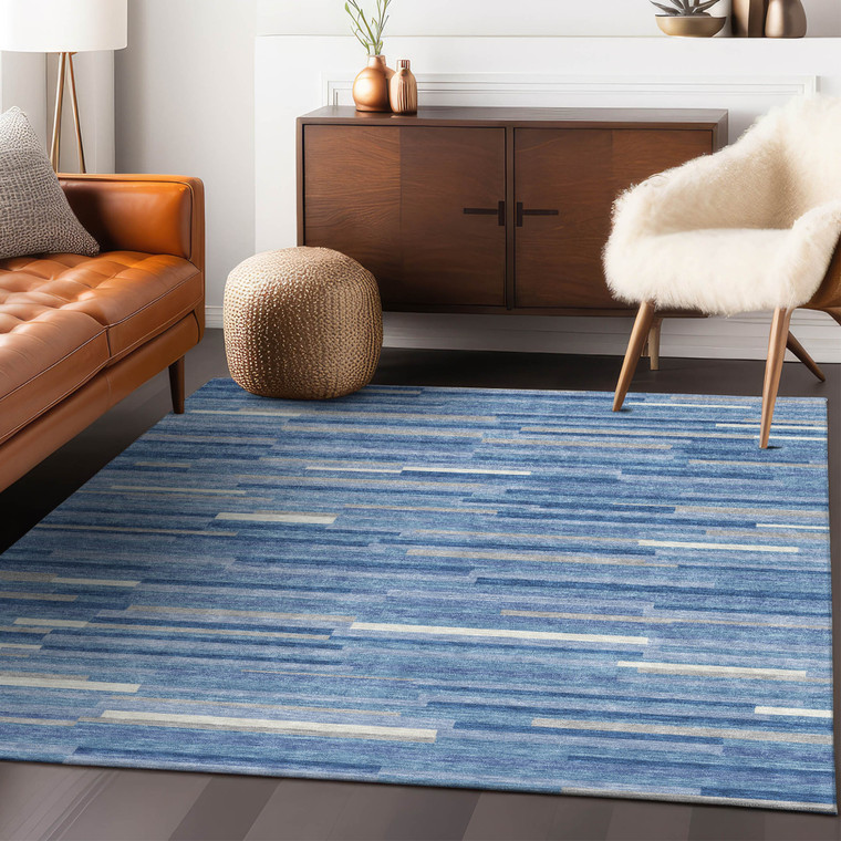 3' X 5' Sky Blue Gray And Ivory Striped Washable Indoor Outdoor Area Rug