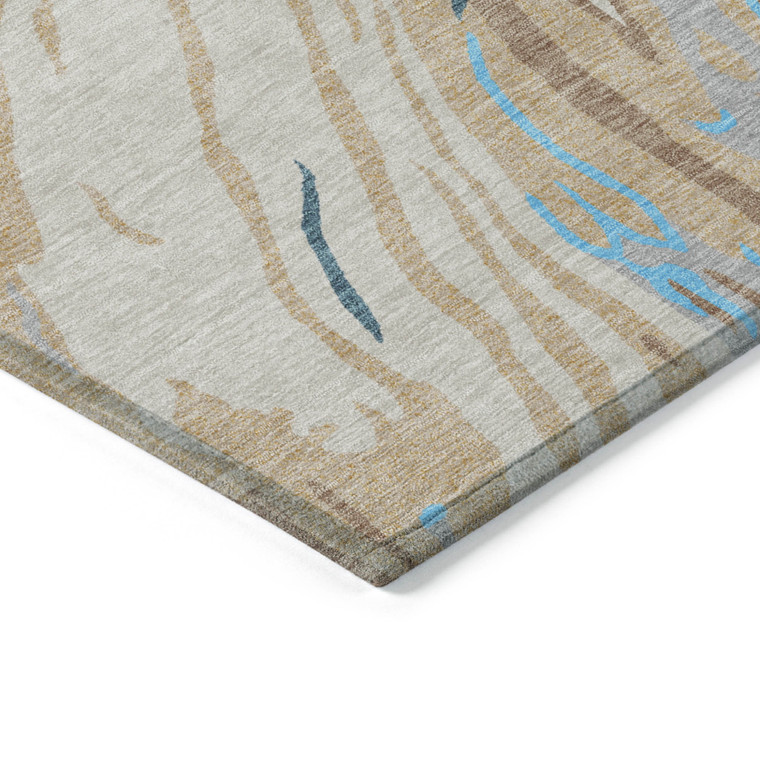 5' X 8' Beige Teal Blue And Ivory Abstract Washable Indoor Outdoor Area Rug