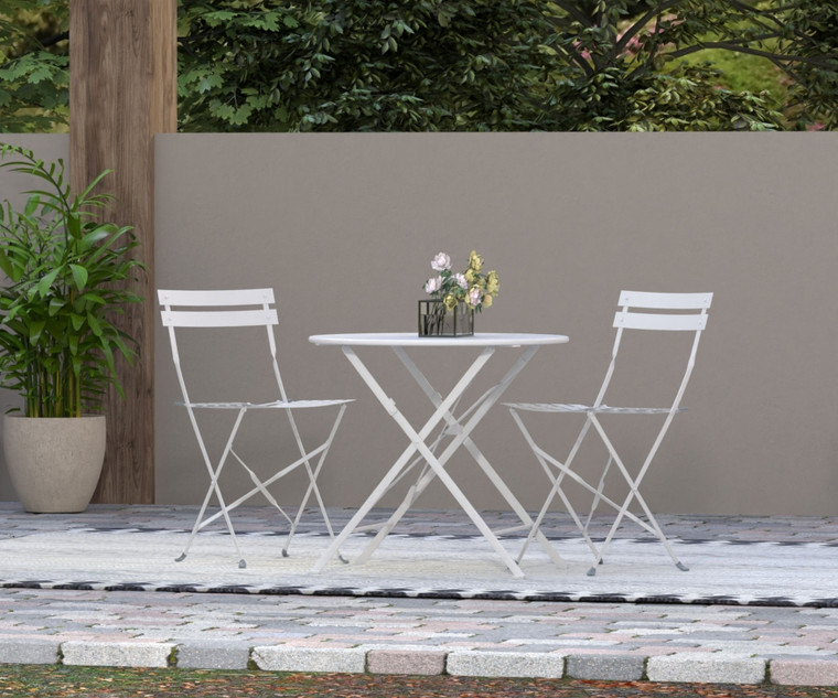 30" White Rounded Aluminum Folding Outdoor Bistro Table with Umbrella Hole