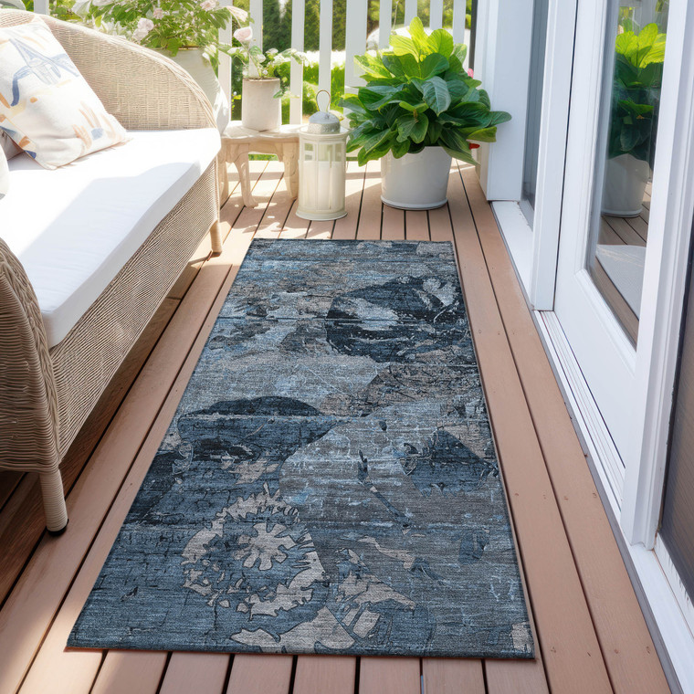 2' X 8' Blue and Dark Blue Abstract Washable Indoor Outdoor Runner Rug
