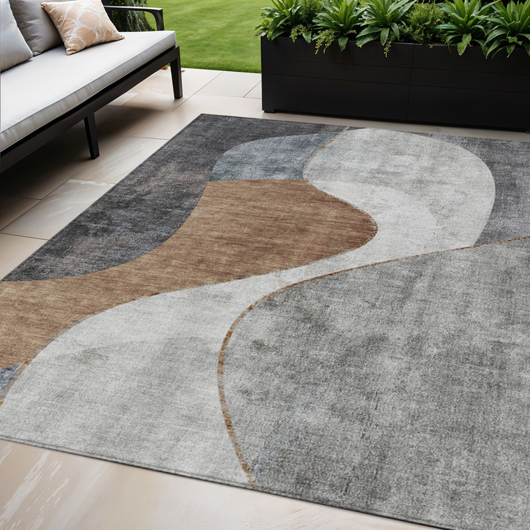 5' X 8' Gray Charcoal And Brown Abstract Washable Indoor Outdoor Area Rug
