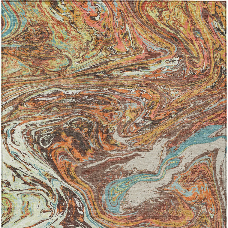 5' X 8' Khaki Brown And Blue Abstract Washable Indoor Outdoor Area Rug