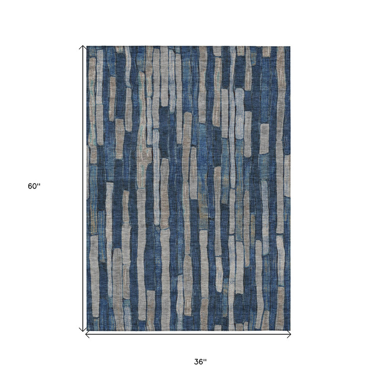 3' X 5' Navy Blue And Denim Blue Striped Washable Indoor Outdoor Area Rug - 880016528428