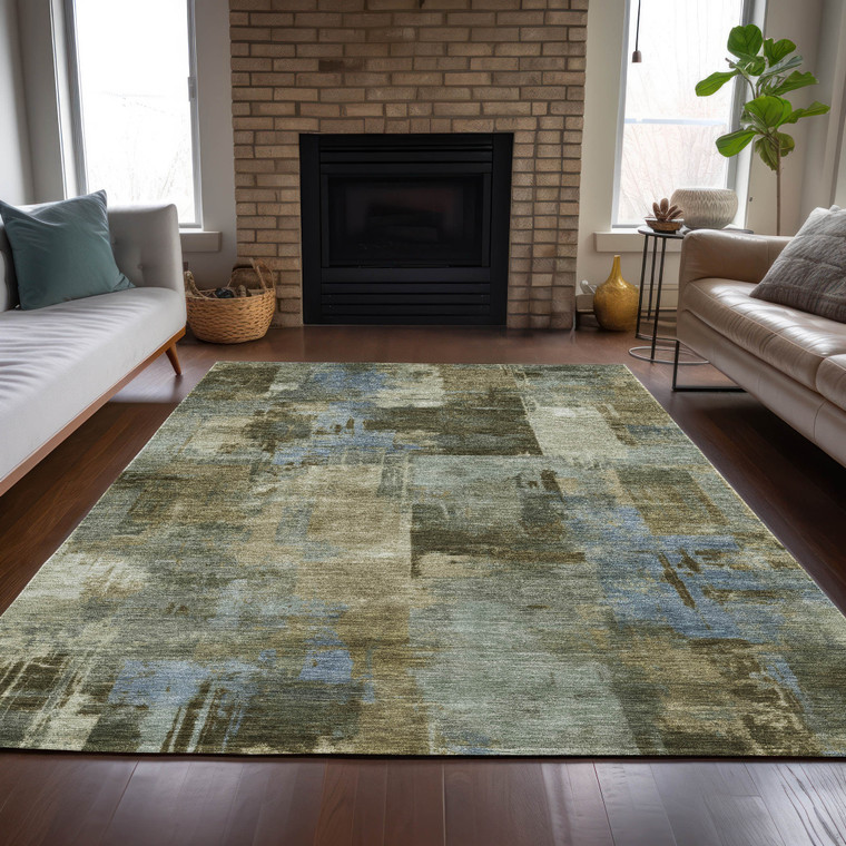 5' X 8' Green Gray And Sky Blue Abstract Washable Indoor Outdoor Area Rug