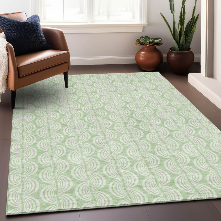 3' X 5' Mint Green And Beige Ogee Washable Indoor Outdoor Area Rug