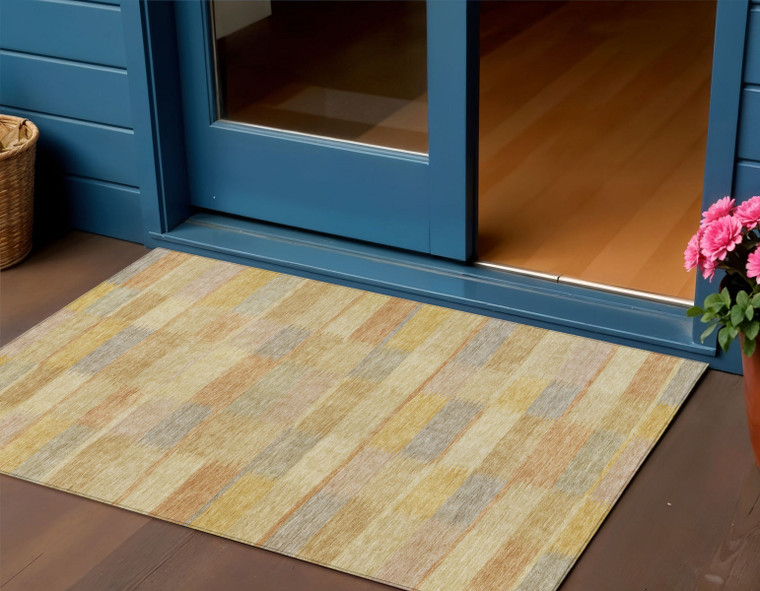 3' X 5' Wheat Beige And Gold Striped Washable Indoor Outdoor Area Rug - 880016774979