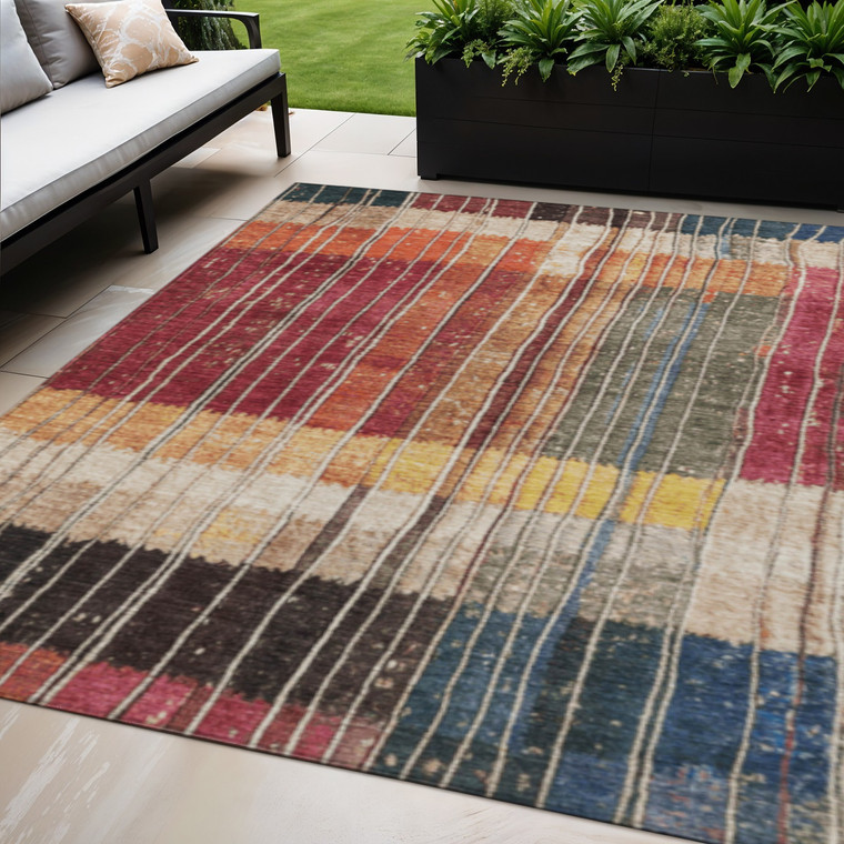 5' X 8' Beige Red And Yellow Striped Washable Indoor Outdoor Area Rug