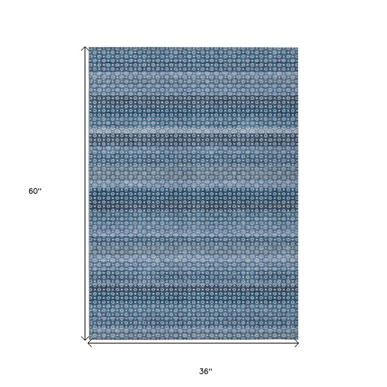 3' X 5' Denim Blue And Sky Blue Striped Washable Indoor Outdoor Area Rug Transitional Style - Denim Blue, Sky Blue Color