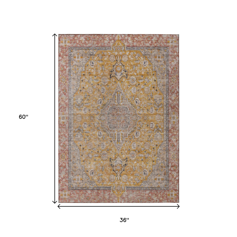 3' X 5' Gold And Peach Medallion Washable Indoor Outdoor Area Rug
