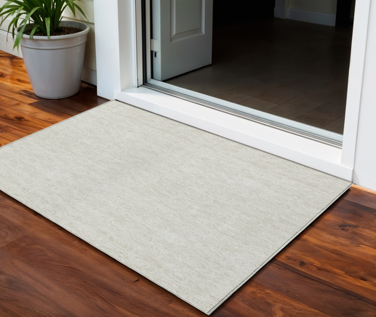 3' X 5' Ivory And Beige Geometric Washable Indoor Outdoor Area Rug Transitional Style - Ivory, Beige Color